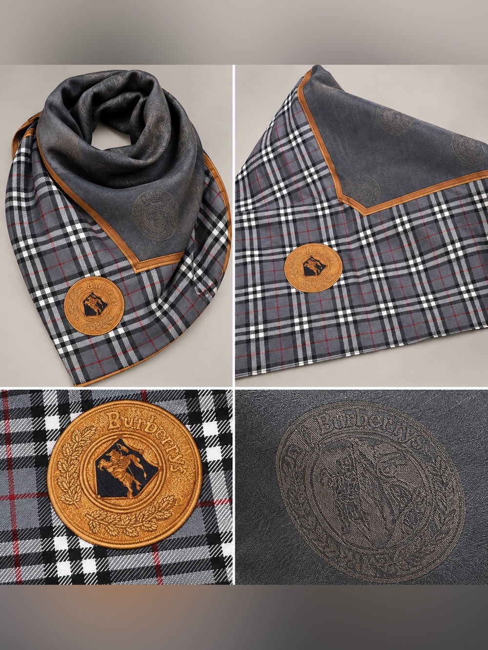 Vintage Burberrys Gray Plaid Silk Scarf with Tan Crest